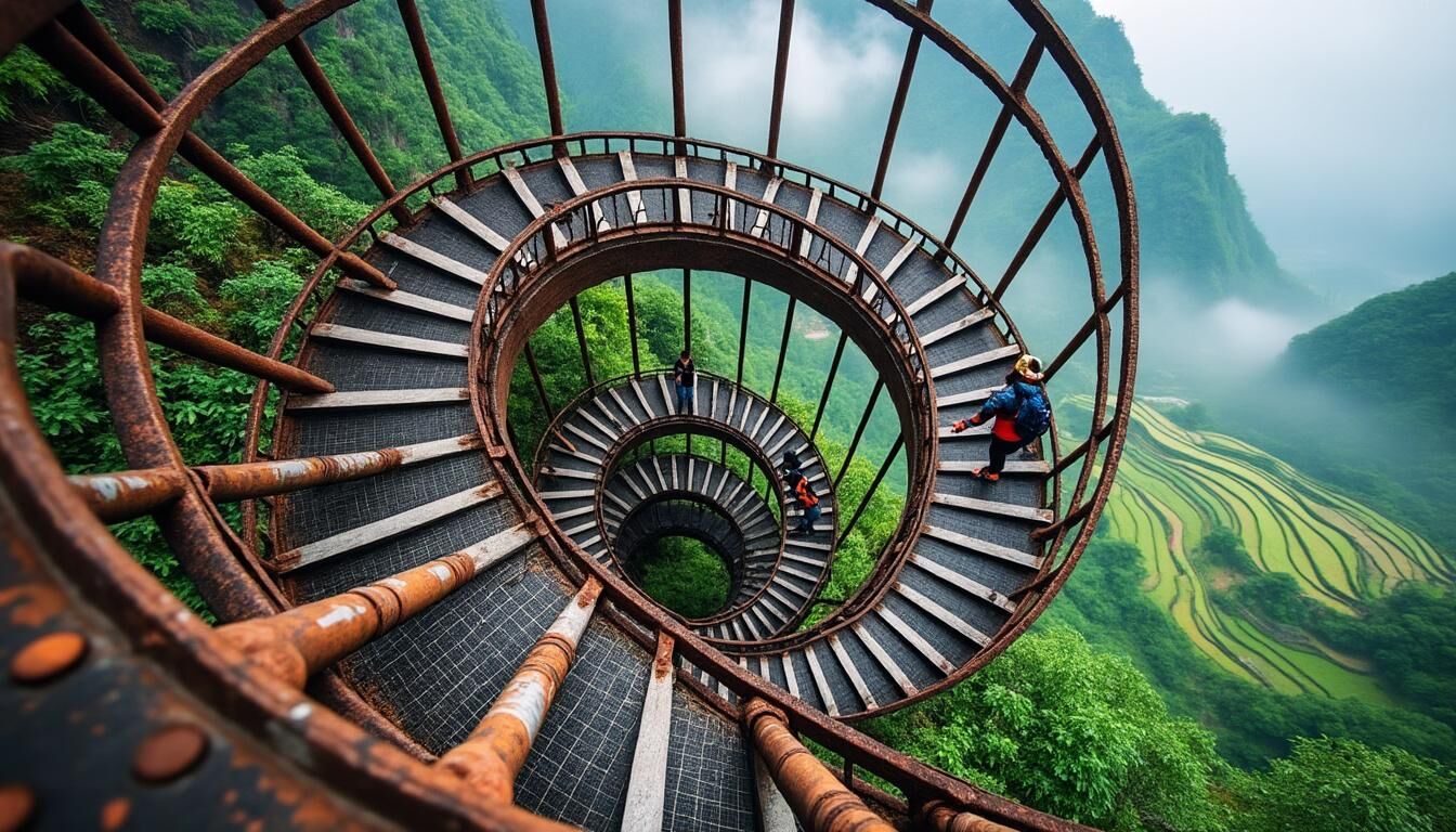 Découvrez en Chine un escalier suspendu spectaculaire, défiant la gravité et offrant aux visiteurs une expérience vertigineuse et inoubliable au-dessus du vide.
