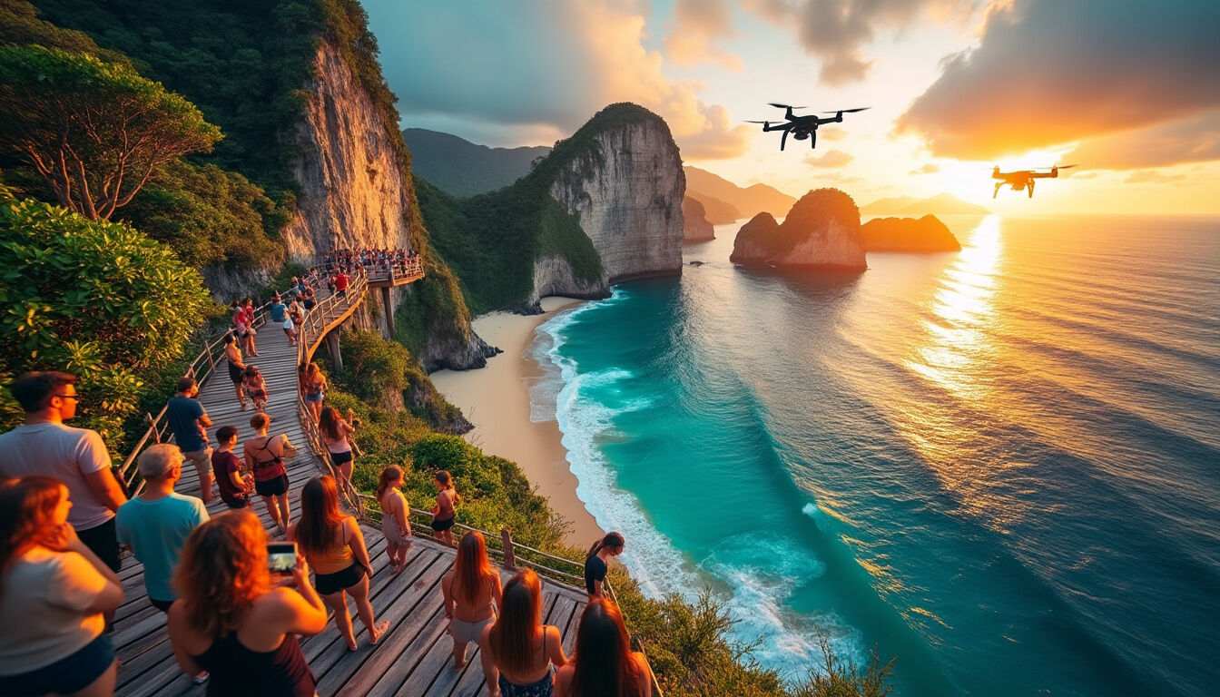 Découvrez Kelingking Beach, le joyau incontournable de Nusa Penida, réputé pour ses falaises spectaculaires et ses eaux turquoise. Un site à visiter absolument lors de votre voyage à Bali !