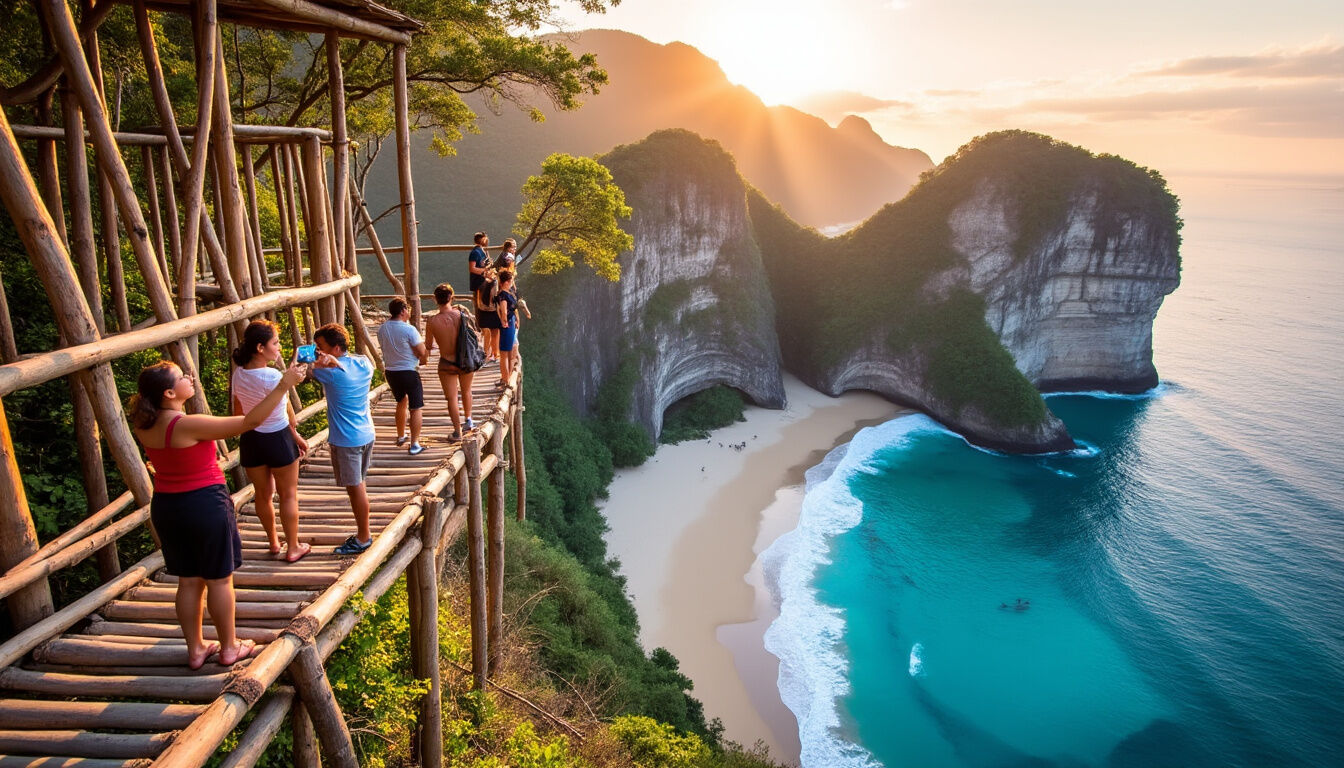 Découvrez Kelingking Beach, le joyau incontournable de Nusa Penida, célèbre pour sa falaise en forme de T-Rex, ses eaux turquoise et son sable blanc. Une destination à ne pas manquer lors de votre voyage à Bali !