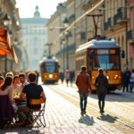Des tramways circulent dans une rue ensoleillée